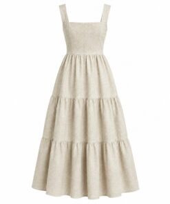 Back view of oatmeal linen summer dress with wide straps on white