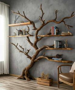 Tree Bookshelf Black Decor Wild Mulberry Solid Wood Carving Living Room Gift Her