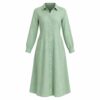 Women's mint green linen blend button down midi dress with long sleeves and shirt collar, ghost mannequin front view on white