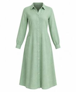 Women's mint green linen blend button down midi dress with long sleeves and shirt collar, ghost mannequin front view on white
