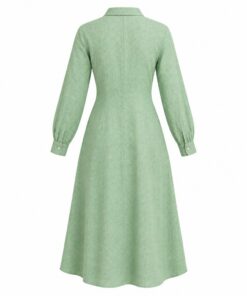 Back view of mint linen button dress on white