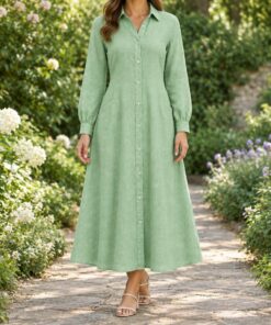 Woman in a mint linen button dress with rolled sleeves in a flower garden, shown from the shoulders down