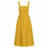 Women's mustard yellow linen blend pinafore midi dress with bib front and patch pockets, ghost mannequin front view on white