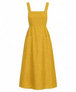 Women's mustard yellow linen blend pinafore midi dress with bib front and patch pockets, ghost mannequin front view on white