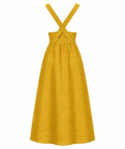 Back view of mustard linen pinafore dress on white background