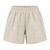 Women's natural beige loose fit linen blend shorts with elastic waist, ghost mannequin front view on white