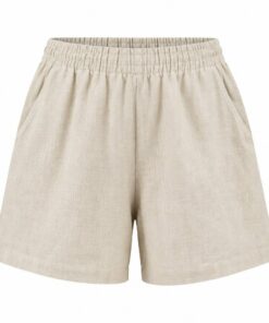 Women's natural beige loose fit linen blend shorts with elastic waist, ghost mannequin front view on white