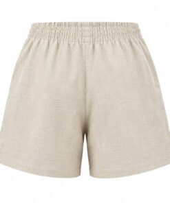 Back view of beige linen shorts with elastic waist on white