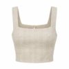 Women's natural linen blend sleeveless square neck crop top with wide straps, ghost mannequin front view on white