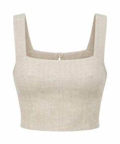 Women's natural linen blend sleeveless square neck crop top with wide straps, ghost mannequin front view on white