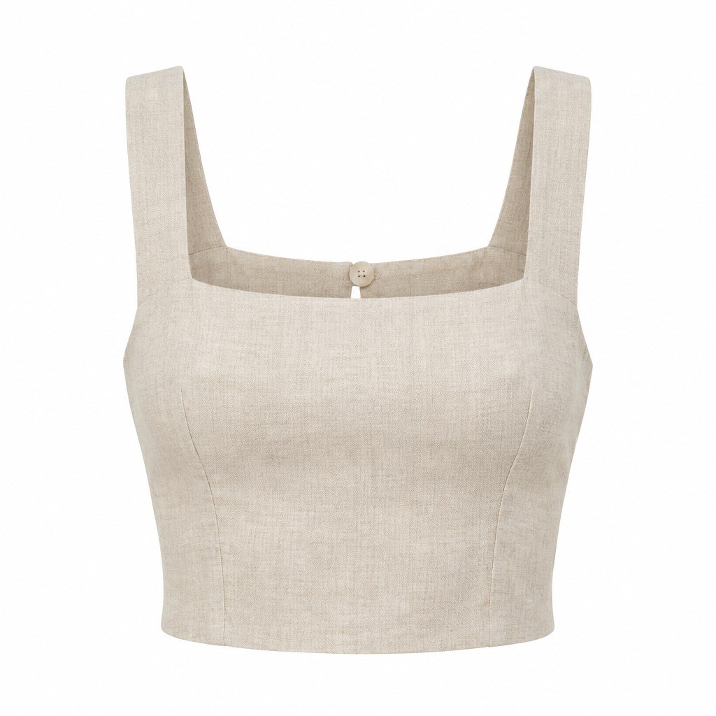 Women's natural linen blend sleeveless square neck crop top with wide straps, ghost mannequin front view on white