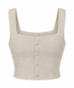 Back view of natural linen crop top showing the button back, on white