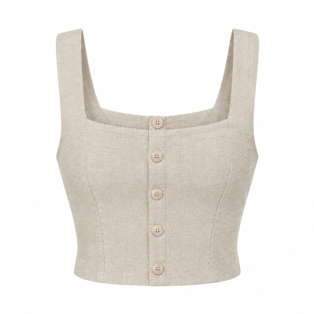 Back view of natural linen crop top showing the button back, on white