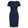 Women's navy floral sequin embroidered sheath dress with short sleeves, ghost mannequin front view on white