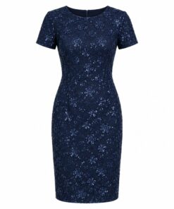 Women's navy floral sequin embroidered sheath dress with short sleeves, ghost mannequin front view on white