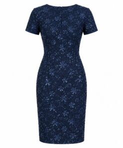 Back view of navy tonal sequin knee-length sheath dress on white