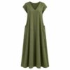 Women's olive green loose linen blend long dress with V-neck and side pockets, ghost mannequin front view on white