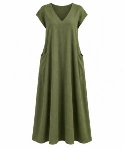 Women's olive green loose linen blend long dress with V-neck and side pockets, ghost mannequin front view on white