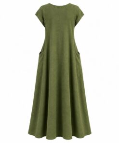 Back view of olive green linen dress with cap sleeves on white