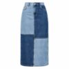 Women's two-tone patchwork denim midi skirt with light and dark wash panels, ghost mannequin front view on white