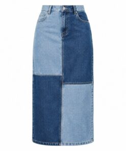 Women's two-tone patchwork denim midi skirt with light and dark wash panels, ghost mannequin front view on white
