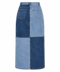 Back view of high-waist patchwork denim straight skirt on white