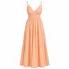 Women's peach cotton maxi sundress with spaghetti straps and V-neck, ghost mannequin front view on white