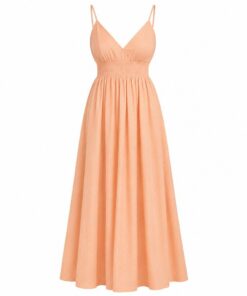 Women's peach cotton maxi sundress with spaghetti straps and V-neck, ghost mannequin front view on white