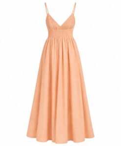 Back view of peach cotton maxi sundress with thin straps on white