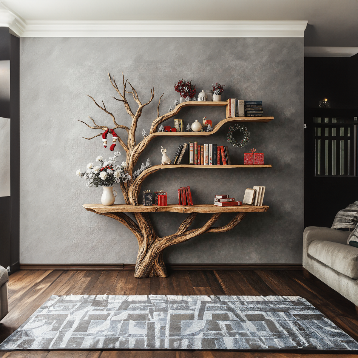 Narrow Floating Live Edge Side Table With Tree Bookshelf - Image 2