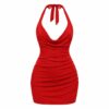 Women's red fitted halter mini party dress with neck tie, ghost mannequin front view on white