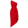 Women's red one shoulder asymmetric midi cocktail dress with draped skirt, ghost mannequin front view on white