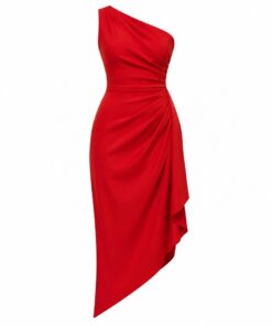 Women's red one shoulder asymmetric midi cocktail dress with draped skirt, ghost mannequin front view on white