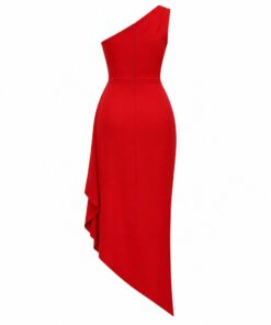 Back view of red one-shoulder midi dress with angled hem on white