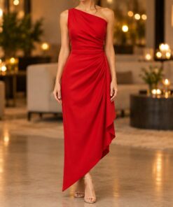 Woman wearing a red one shoulder midi dress at a party, cropped below the chin