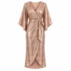 Women's rose gold sequin V-neck wrap midi dress with kimono sleeves and tie waist, ghost mannequin front view on white