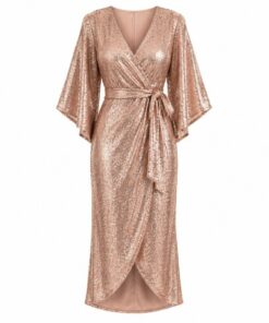 Women's rose gold sequin V-neck wrap midi dress with kimono sleeves and tie waist, ghost mannequin front view on white