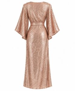 Back view of rose gold sequin midi wrap dress on white