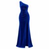 Women's royal blue velvet one shoulder maxi evening dress with front leg slit, ghost mannequin front view on white