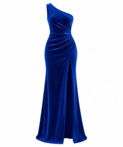 Women's royal blue velvet one shoulder maxi evening dress with front leg slit, ghost mannequin front view on white