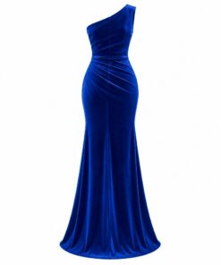 Back view of royal blue velvet one-shoulder maxi dress on white background