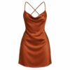 Women's rust brown satin cowl neck mini dress with thin straps, ghost mannequin front view on white