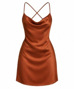 Women's rust brown satin cowl neck mini dress with thin straps, ghost mannequin front view on white