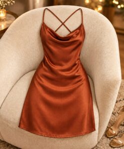 Woman in a rust satin backless mini dress at a cocktail bar, seen from behind from the shoulders down