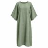 Women's sage green loose linen blend tunic midi dress with kimono sleeves, ghost mannequin front view on white
