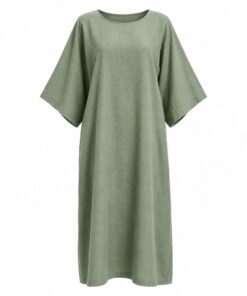 Women's sage green loose linen blend tunic midi dress with kimono sleeves, ghost mannequin front view on white