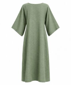 Back view of sage linen kimono sleeve dress on white background