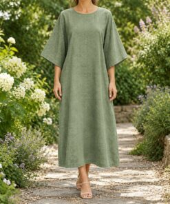 Woman wearing a sage green linen kimono sleeve dress in a summer garden, shown from the shoulders down