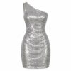 Women's silver allover sequin one shoulder mini cocktail dress, ghost mannequin front view on white