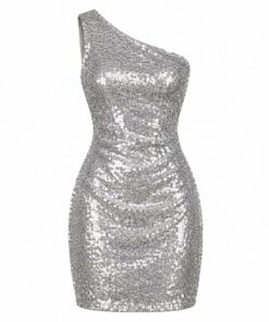 Women's silver allover sequin one shoulder mini cocktail dress, ghost mannequin front view on white